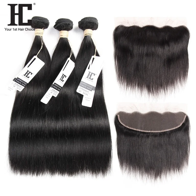 

HC Hair Ear To Ear Lace Frontal Closure With 3 Bundles Brazilian Non Remy Straight Human hair Weaves With Closures