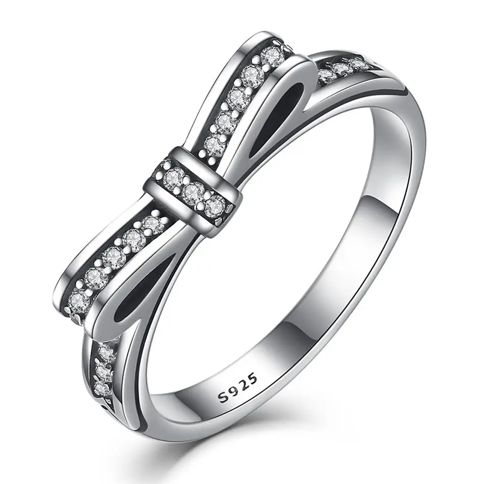 

925 Sterling Silver Ring Sparkling Bow Knot Stackable Ring Micro Pave CZ for Women Valentine's Day Silver Jewelry Gift