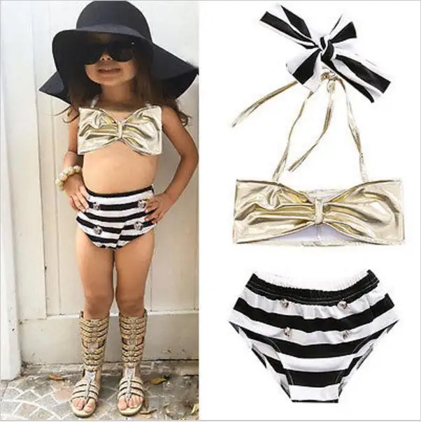 

white black big bowknot children stripe swimwear baby girl golden bikini 2pcs sets kids bathing suit, As picture