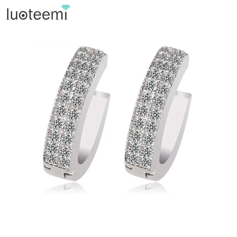 

LUOTEEMI Women Cute 2 Rows Tiny Cubic Zircon Stones Pave on Half Circle Wholesale Small Hoop Earrings