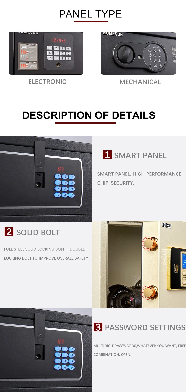 Uncover opening type build in conceal multi size priced big safe box