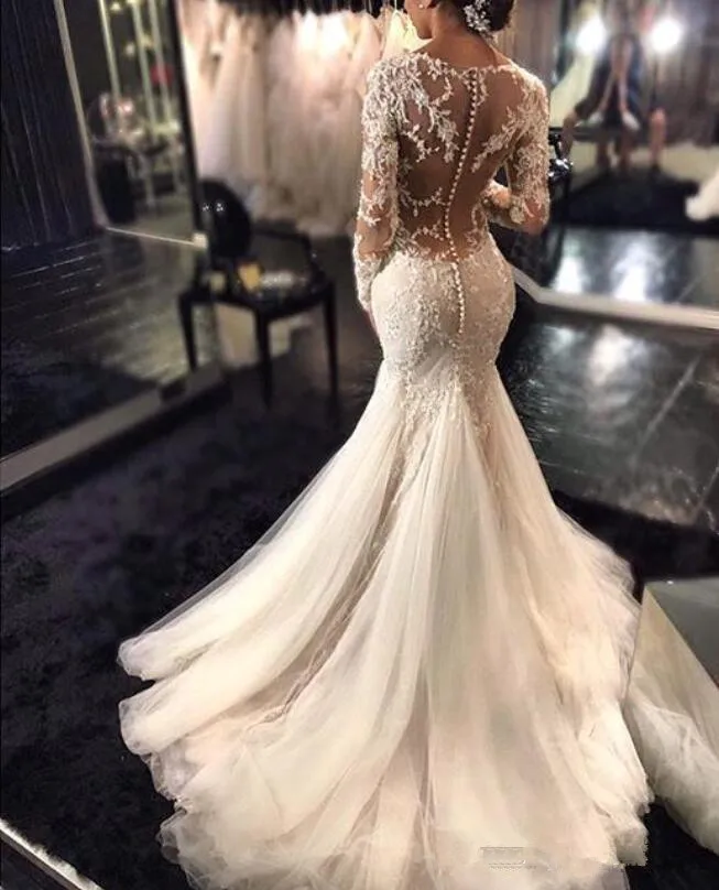 

New Gorgeous Lace Mermaid Wedding Dresses Dubai African Arabic Style Petite Long Sleeves Fishtail Custom Made Bridal Gowns