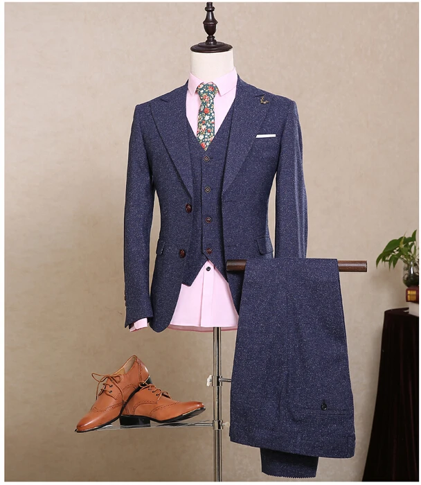 

Wool Blue 2 Buttons Side Vent Back Customized Mans Suits Ternos Formal Tuxedos Suit (Coat+Pants+Vest) NA10 Groom Mens Suits, Pic color