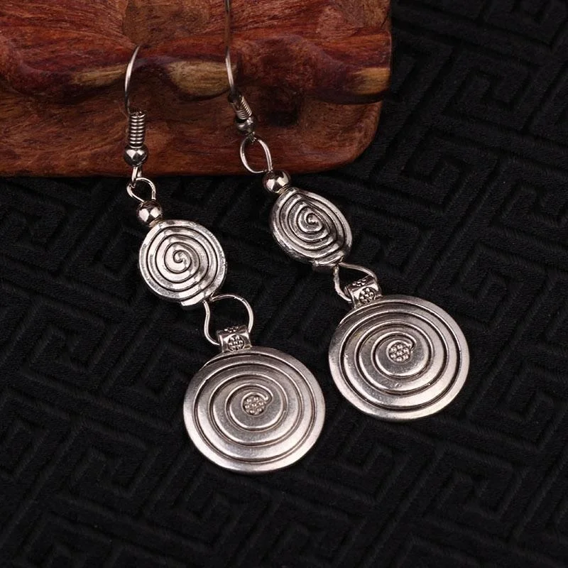 

DIY vintage Tibetan style Miao silver metal dangle earrings ,New Chinese wind old fashioned jewelry