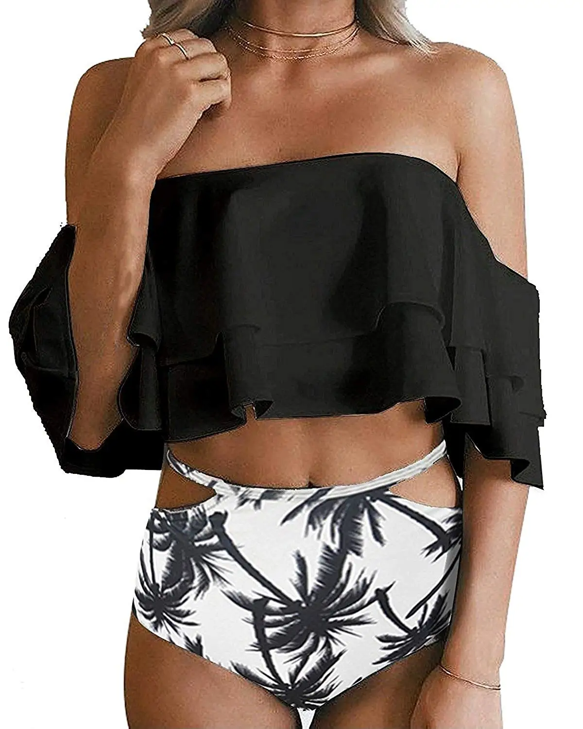 GAMISS Women Off Shoulder High Waisted Bikini Ruffle Sleeve Bathing Suit