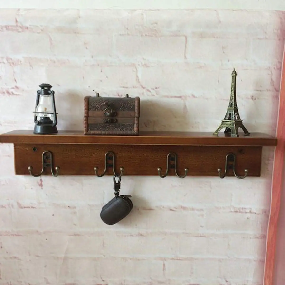Warm Van Vintage Metal Wall Mounted Coat Hooks,Floating Closet Storage Rack,Retro Home Entryway Hanging Shelves,New Zealand Pine Wood Partition Shelf,Double Hook Hangers