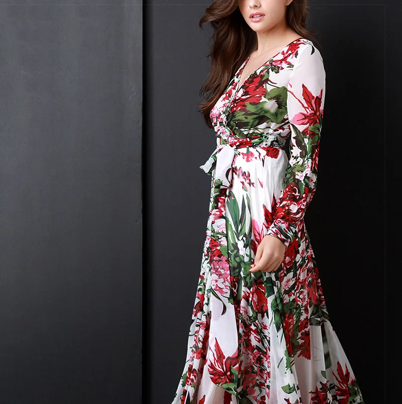 

Women's Long Sleeve Dresses Pleated Chiffon Floral Print Maxi Long Dress with Sashes Deep V-Neck Spring Vintage Plus Size