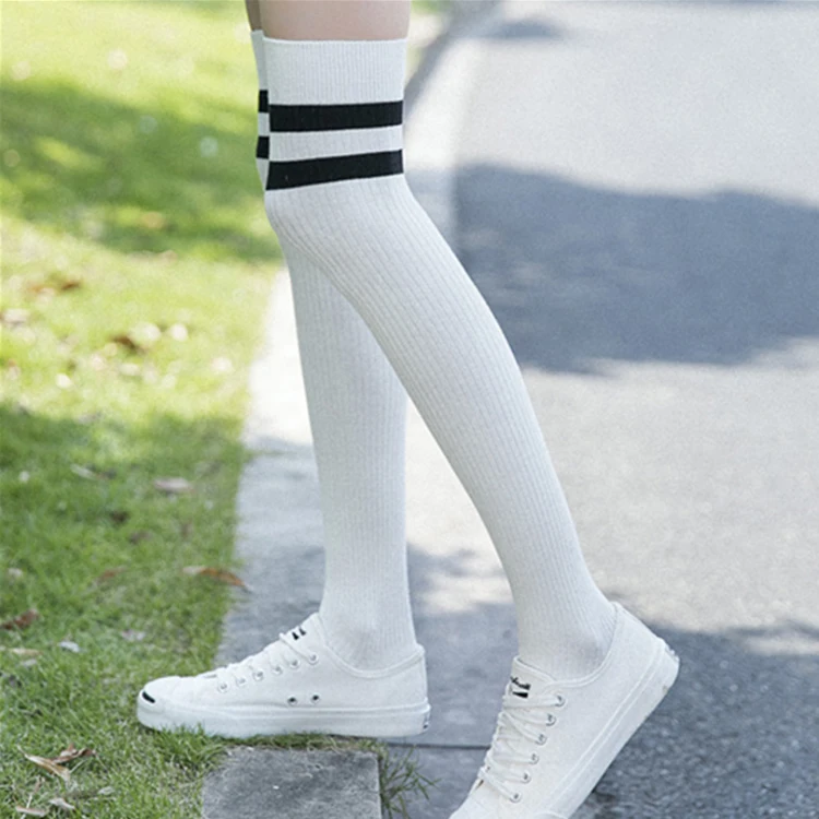 

wholesale 100% cotton korean cute women thigh high socks 2018 new design white stripe long socks for girls knee, Black;white;grey