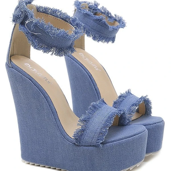 

New women's Wedges Denim Ankle Strap Shoe Super High Heel Sandals Women's shoe