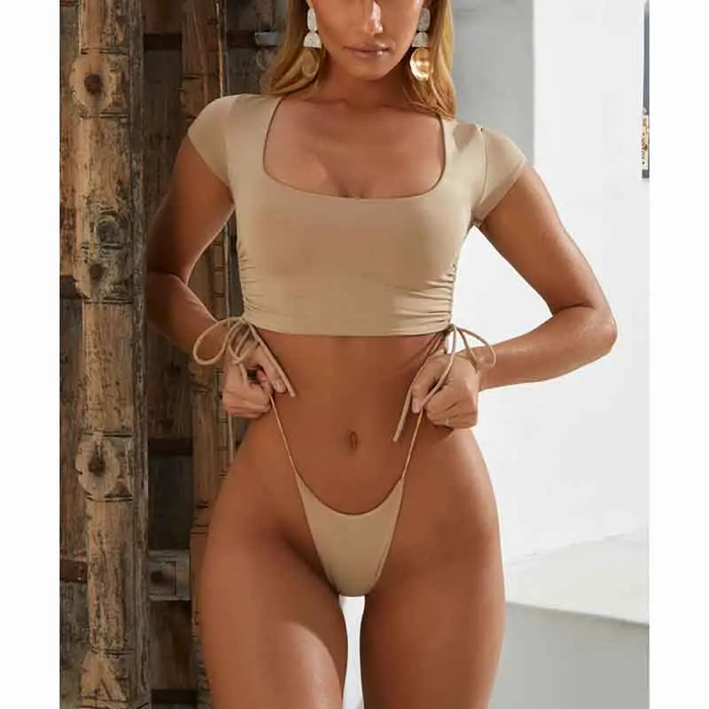

2021 Wholesale Ladies Sexy Swimwear Women String 3 Pieces Short Sleeve Push Up Swimsuits Sets Thong Micro Bikini, As the picture