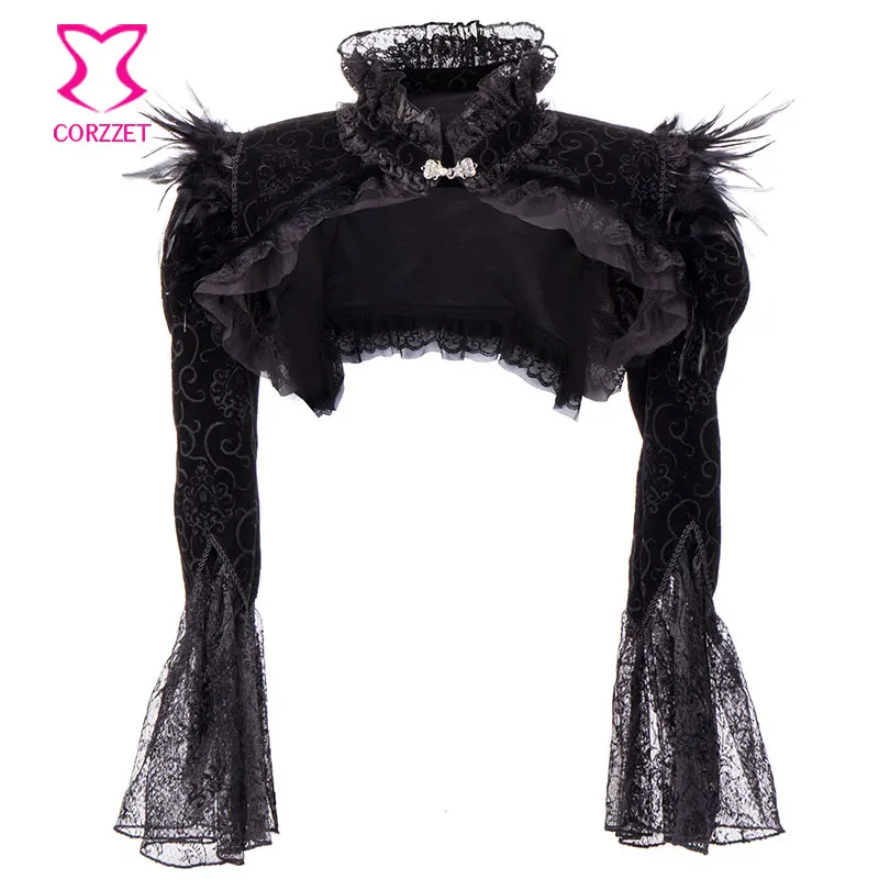 

Vintage Black Shrug Bolero Puffy Sleeves Factory Wholesale Feather Flannel Victorian Steampunk Women Jacket Matching Corsets