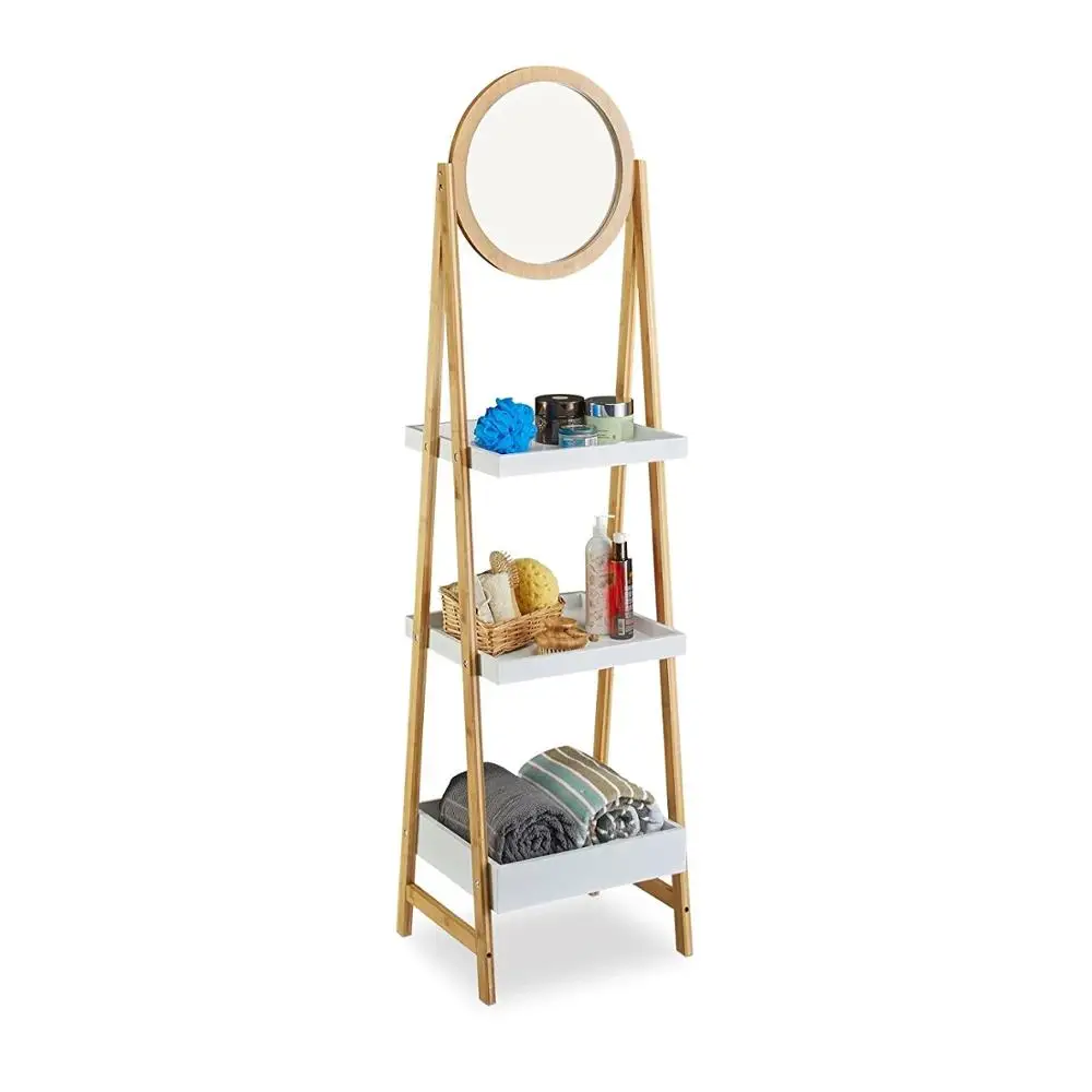 

3 Tier Bathroom Wood Bamboo Ladder storage Shelf rack with Mirror, Natural