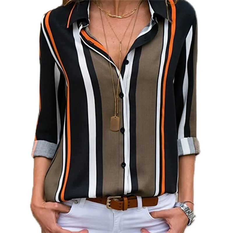 

Womens Casual V Neck Striped Button Down Long Sleeve Shirts Chiffon Blouses Tops, 4 color
