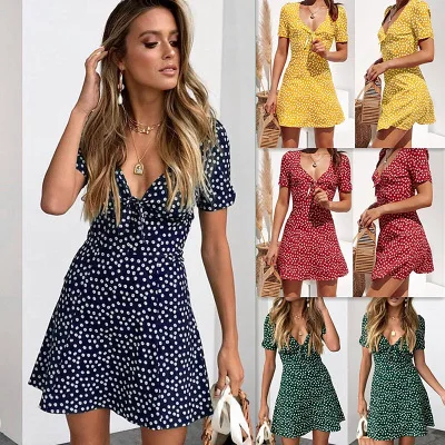 

Womens Floral Printed Loose Mini Dress New 2021 Ladies V-Neck Summer Dresses Stylish Short Sleeve Evening Party Dress, As shown on picture