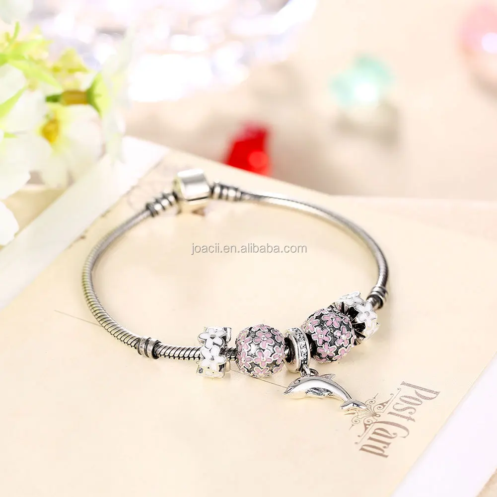 Joacii Customs Jewelry Lucky Dolphin Shape Pink Beads S925 Sterling Silver Bracelet With Joyeria De Mujer