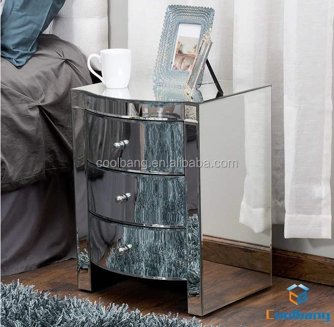 
Latest design mirrored sliver 3 drawers curved mirror bedside chest nightstand table 