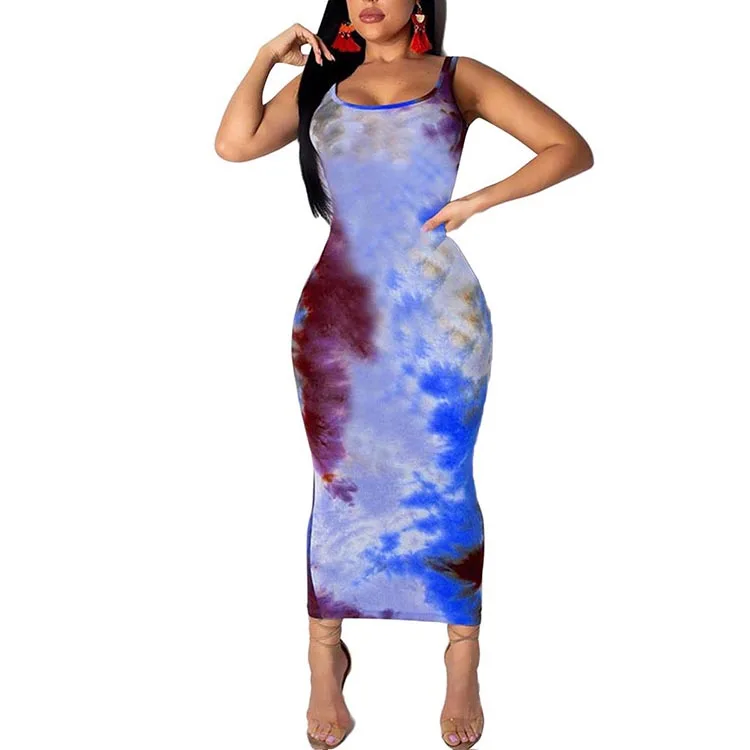 

Summer New Listing Sling Sleeveless One Piece Print Pattern Sexy Midi Women Bodycon Dress, Blue