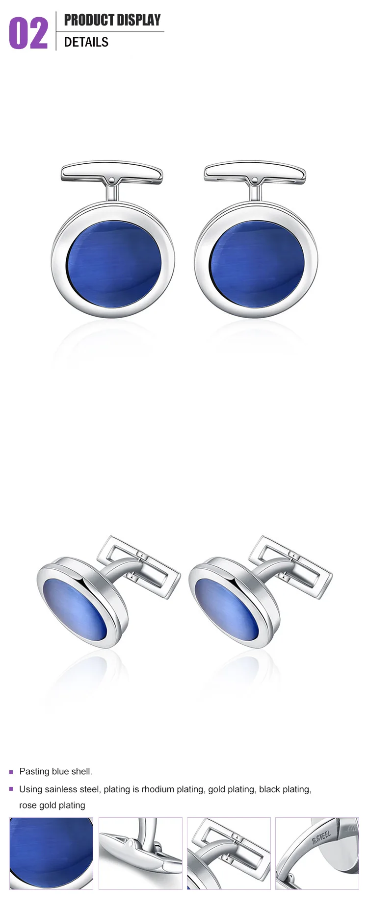 Round shape stainless steel blue shell cufflinks for men