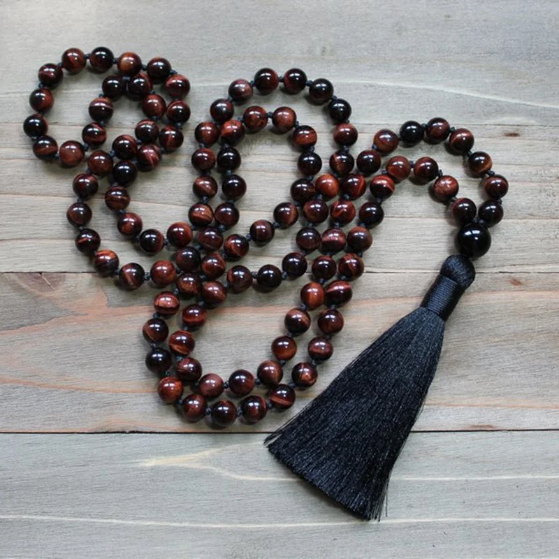 

ST0602 Red Tigers Eye Necklace Luxury Jewelry 108 Mala Beads With Black Tassel Necklace Hand Knotted Necklaces Yoga Gift For Men, As picture
