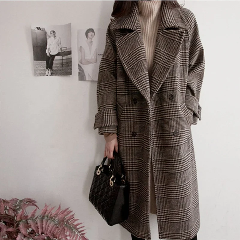 
Add More Cotton Cloth Overcoat Female Woolen Cloth Dust Coat Big Yards Long Grid Winter Coat 