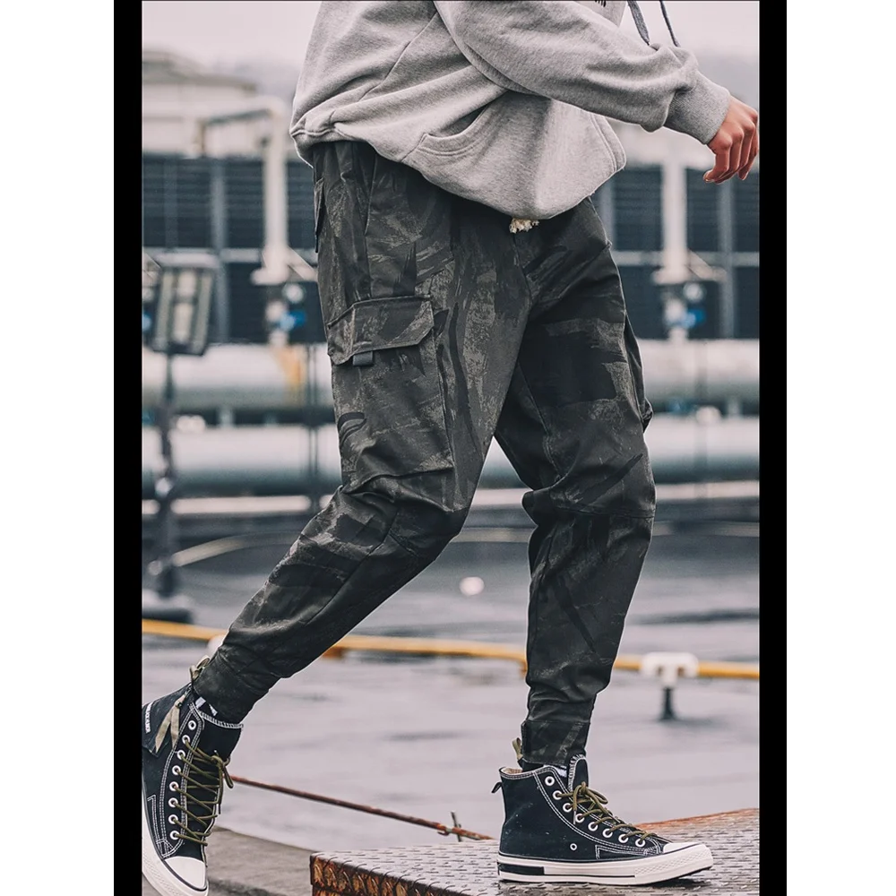

Streetwear Baggy Drawstring Cotton Camo Cargo Elastic Jogger Pants, Camo green,camo yellow or custom