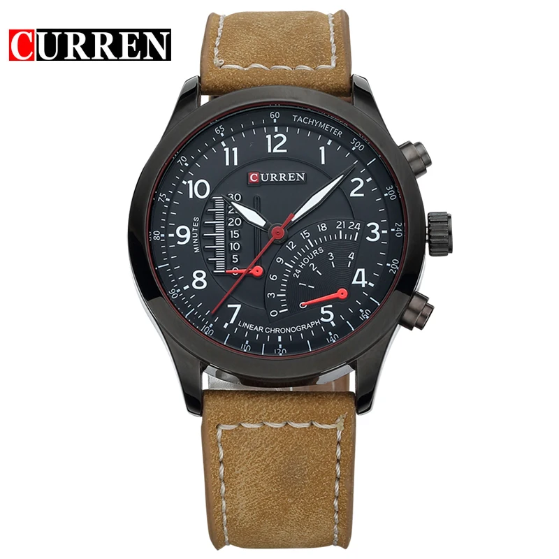 

CURREN 8152 Cheap Men's Linear Chronograph Quartz Watches Men Wristwatches Military Leather Strap Tachymeter Watch, 3 colors to choose