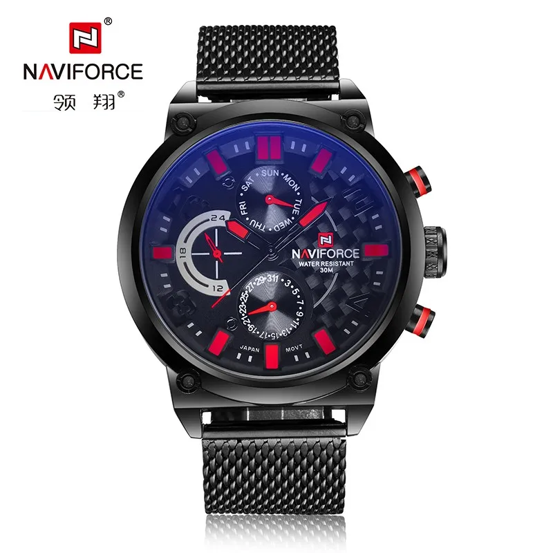 

new male business mesh stainless steel wristwatch military japanese movement quartz watch luxury men brand naviforce 9068 watch