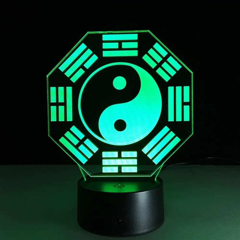 Circle Circle Chinese Bagua Taiji Diagram Shape 3D Optical Illusion Table Lamp 7 Colors Change Touch Button and 15 Keys Remote Control LED Light Decor