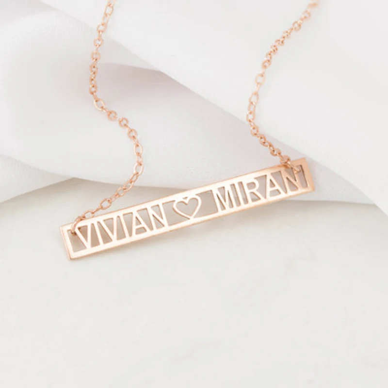 

Statement Personalized Couple Names Charm Necklaces Custom Roman Numeral Date Greek Letters Hollow Bar Necklace Handmade Jewelry, Rose gold/gold/silver