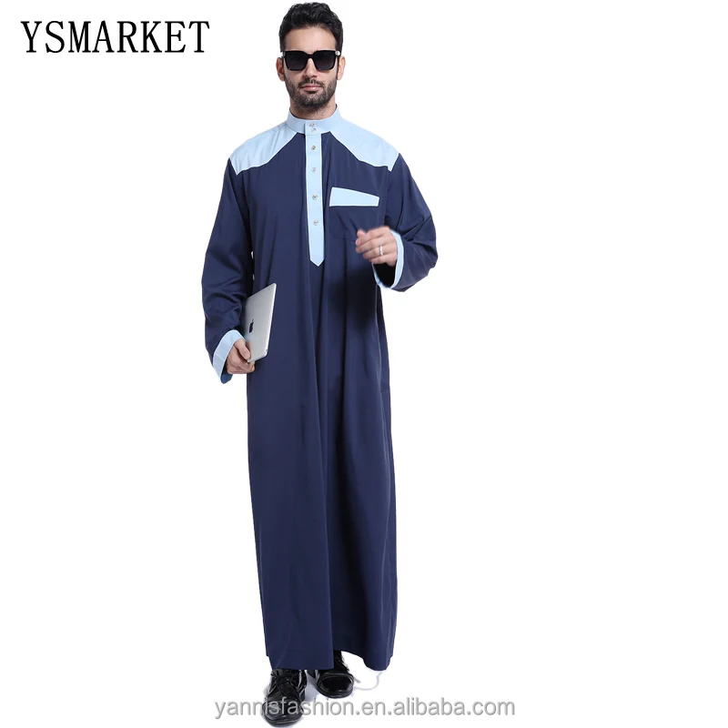 

Muslim Men Blue Long Sleeve Thobe Dress Men Islamic Clothing Plus size XXXL Saudi Arab Moslim Jurk ETH803