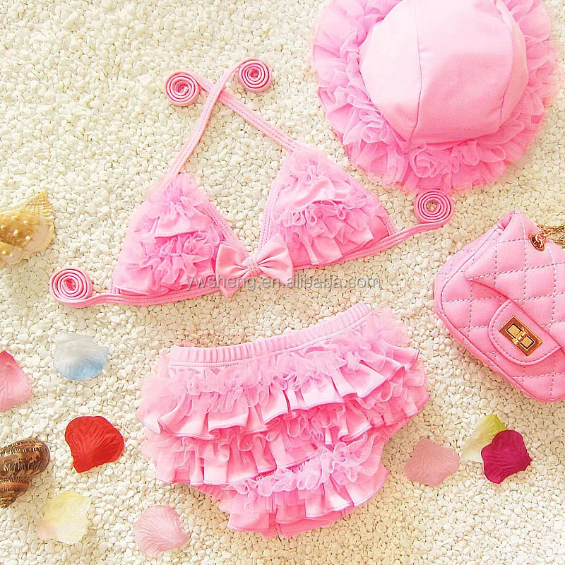 

New Arrival summer beach solid color baby bikini kids girls chiffon bikini swim, Pink;rose ( as picture )