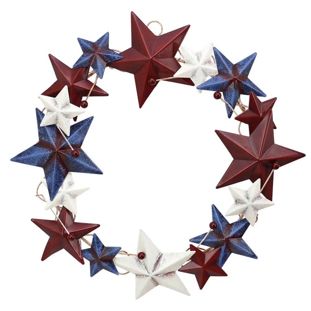 15" Americana Metal Stars Wreath for Door or Wall Hanging Decoration, 4th July Patriotic Decor for Idoor or Outdoor, Perfect for Front Door, Patio, Blue Red White Stars, Rustic Vintage Primative Style