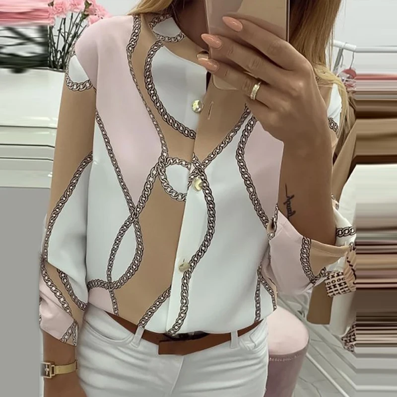 

LZ4547 Chains Print Button Design Casual Blouse women