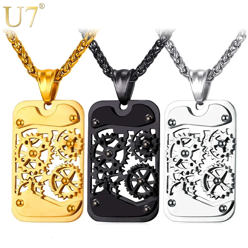 

U7 18K gold plated Steampunk Jewelry Men Hip Hop Gear Wheel Pendant With chain Stainless steel necklace