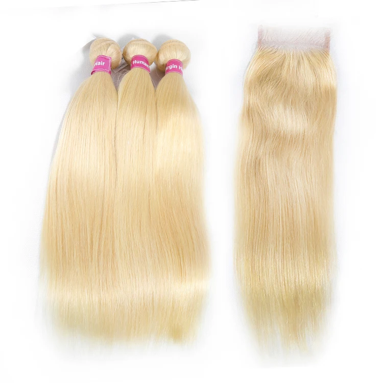 

Free Sample Brazilian Human Hair Blonde Bundle With Closure,Wholesale Straight Bundle With Lace Closure,613 Bundles With Closure, Natural color,close to color 1b