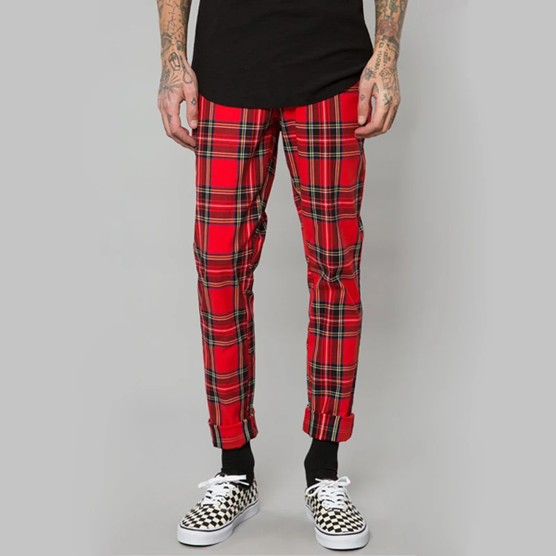 red plaid track pants