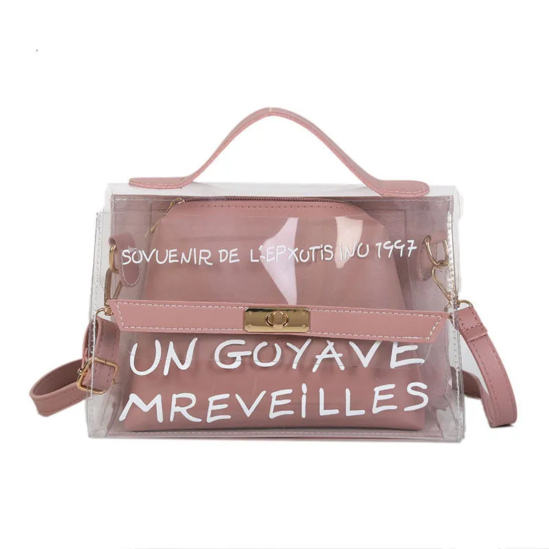 

Luxury Women Pink Handbag Tote Shoulder Bag Transparent Bag Clear PVC Jelly Small Alphabet Female Bags, Customized color