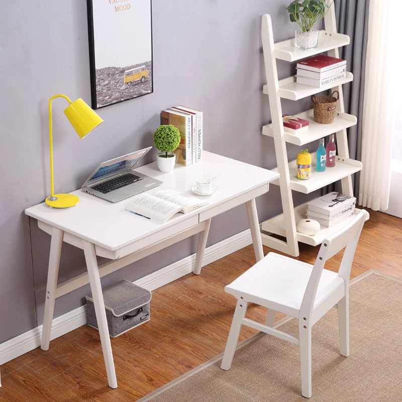 Nordic Solid Wood White Computer Desk And Chair For Student