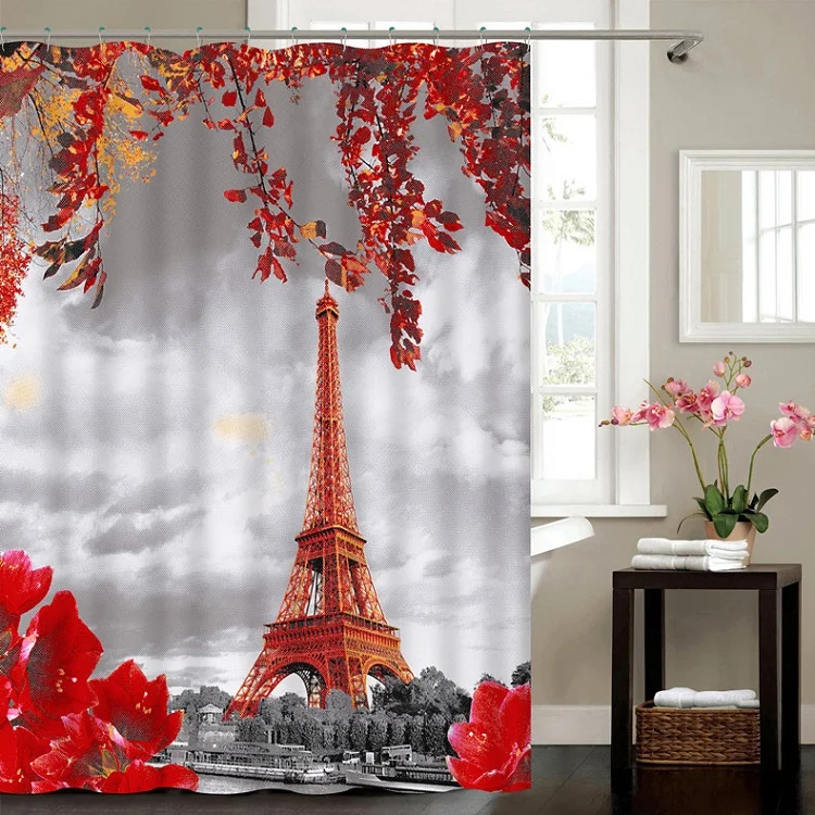 

Custom Waterproof Shower Curtain Set Christmas 3D Tower Shower Curtain for Bathroom