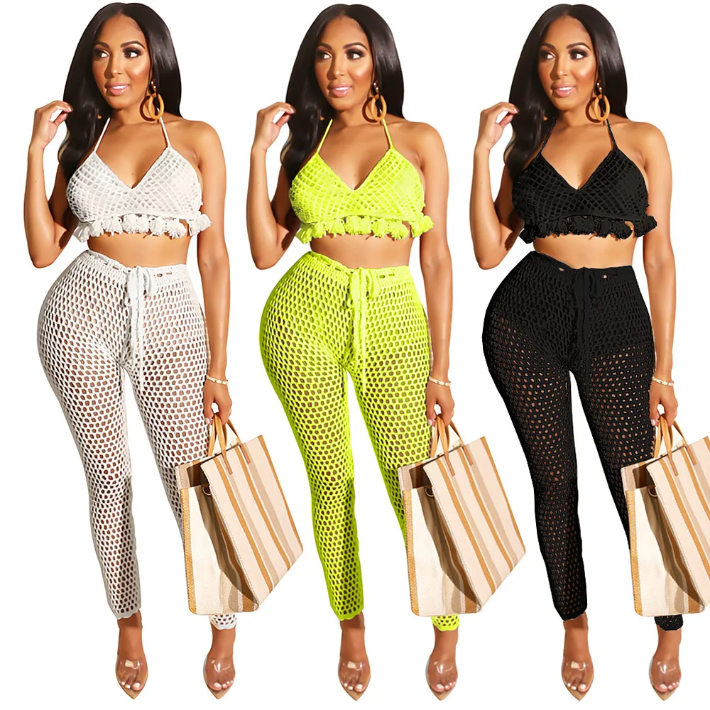 

Ecoparty Fishnet Mesh Sheer Two Piece Set Women Summer Clothes Backless Crop Top and Pant Sexy 2 Pice Swim Beach Outfits, As show