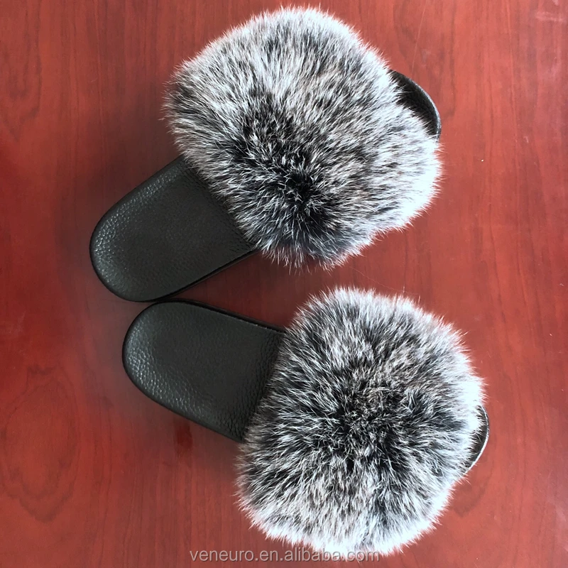 

Fashion Design Women Real Big Fox Fur Sandal Slides Soft Furry fur Slippers for Women, Customized color