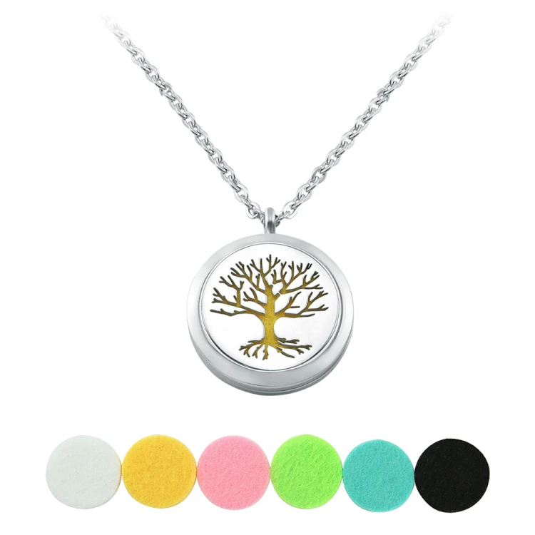 

Life Tree Leaves Essential Oil Diffuser Pendants Necklaces Felt Pad Perfume Choker Necklace, Steel