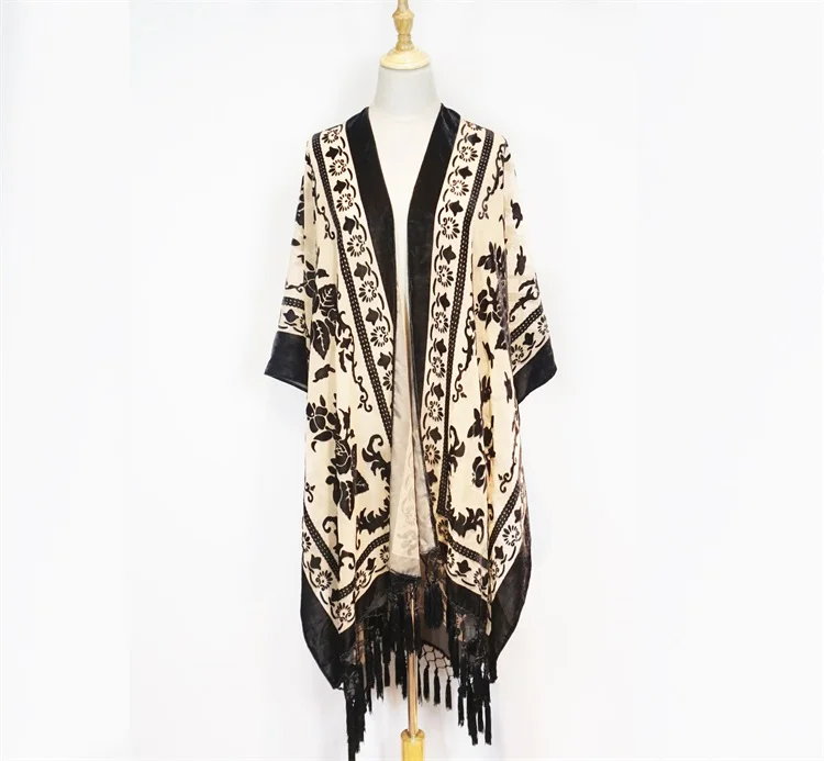 

Ladies Woman Clothes Casual Cardigan Night Bird Velvet Burnout Cape Boho Blouse Handmade Fringe kimono