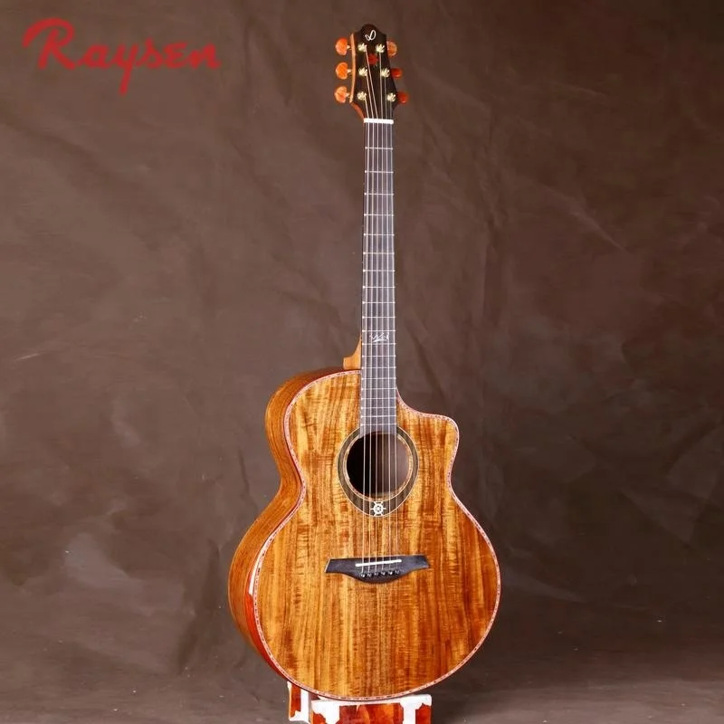 

High end solid acacia guitar with pearl shell inlay and armrest, Natural