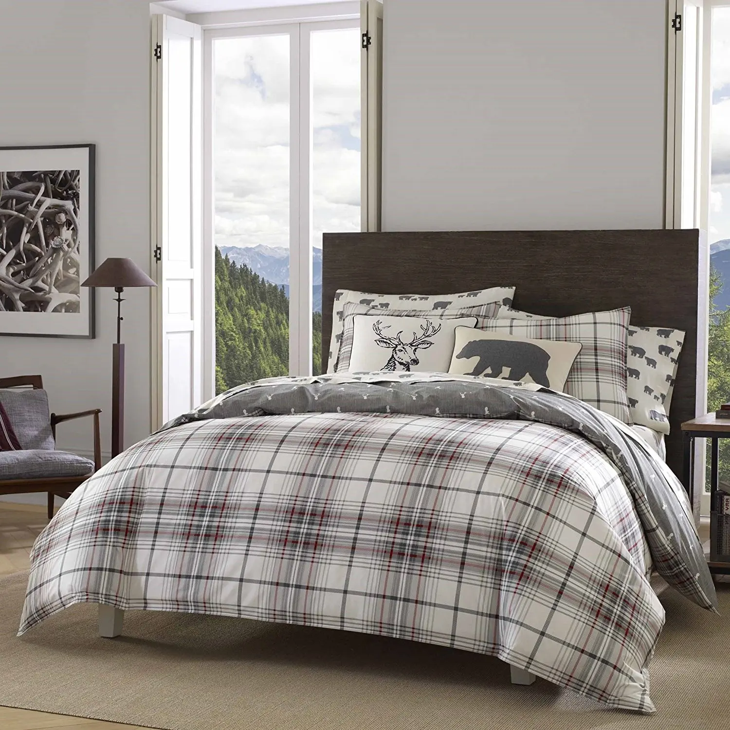 3 Piece White Grey Plaid Flannel Comforter Full Queen Set Cabin Themed Bedding