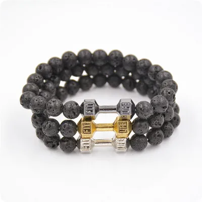 

GC-BC0009 Lava Rock Black Onyx Dumbbell 8mm Men Elastic Stretch Bracelet For Sports Jewelry