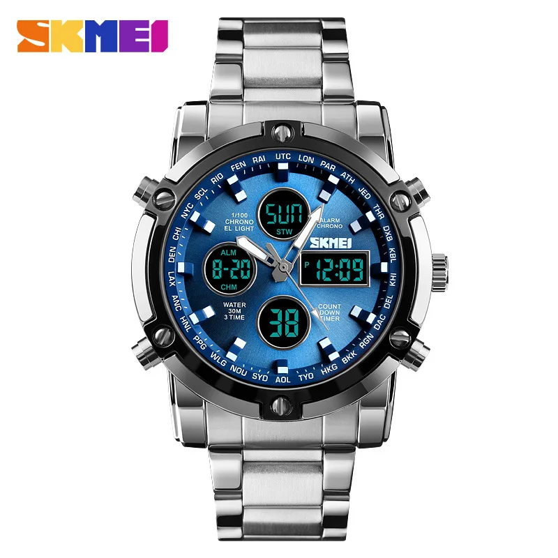 Skmei 1389 Fashion Multi-Functional Three Large Dial Business Men Electronic Stainless Steel Digital Watch
