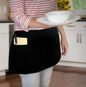 Image of Black color 24 x 12 inches cotton restaurant half bartender apron waist apron for waitress and waiter