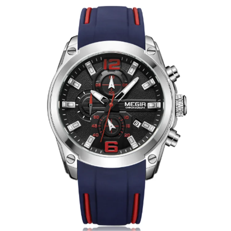 

MEGIR 2063 New Mens Quartz Analogue Chronograph Watches Sport Military Silicone Date Indicator Wrist watch 2019