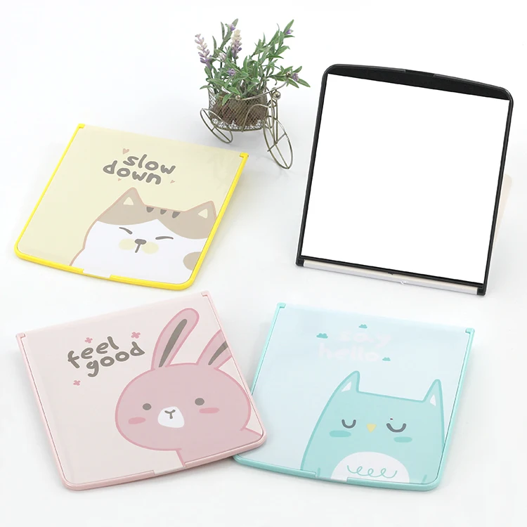 

Animal cartoon design portable plastic folding table cosmetic mirror, Blue pink yellow black